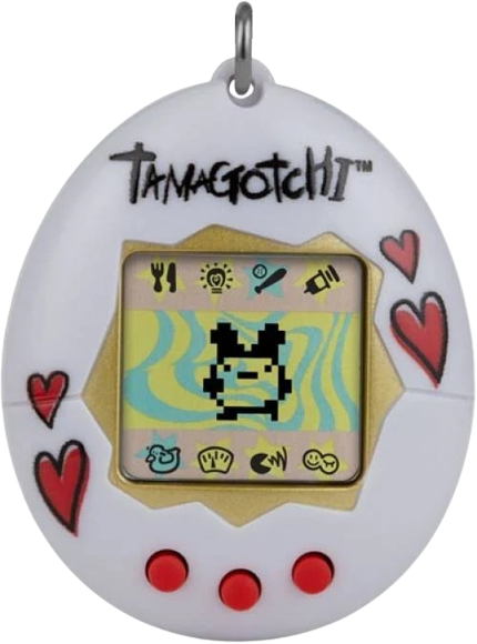 An original Tamagotchi with a white shell decorated with red hearts.
